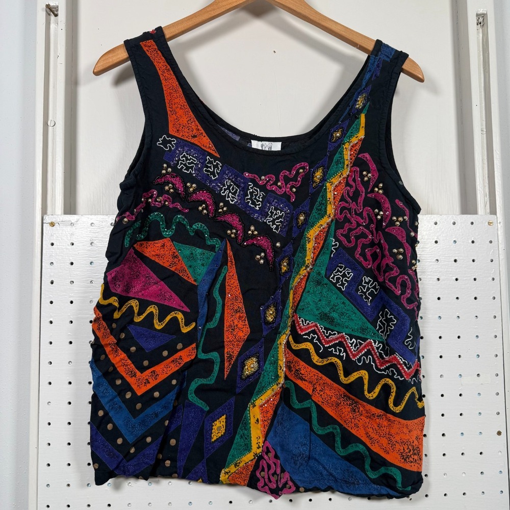 Vintage Together Embellished Sleeveless Tank Black Neon Pop Art Rayon Top - 14